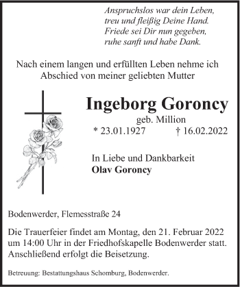 Traueranzeige von Ingeborg Goroncy von Deister- und Weserzeitung