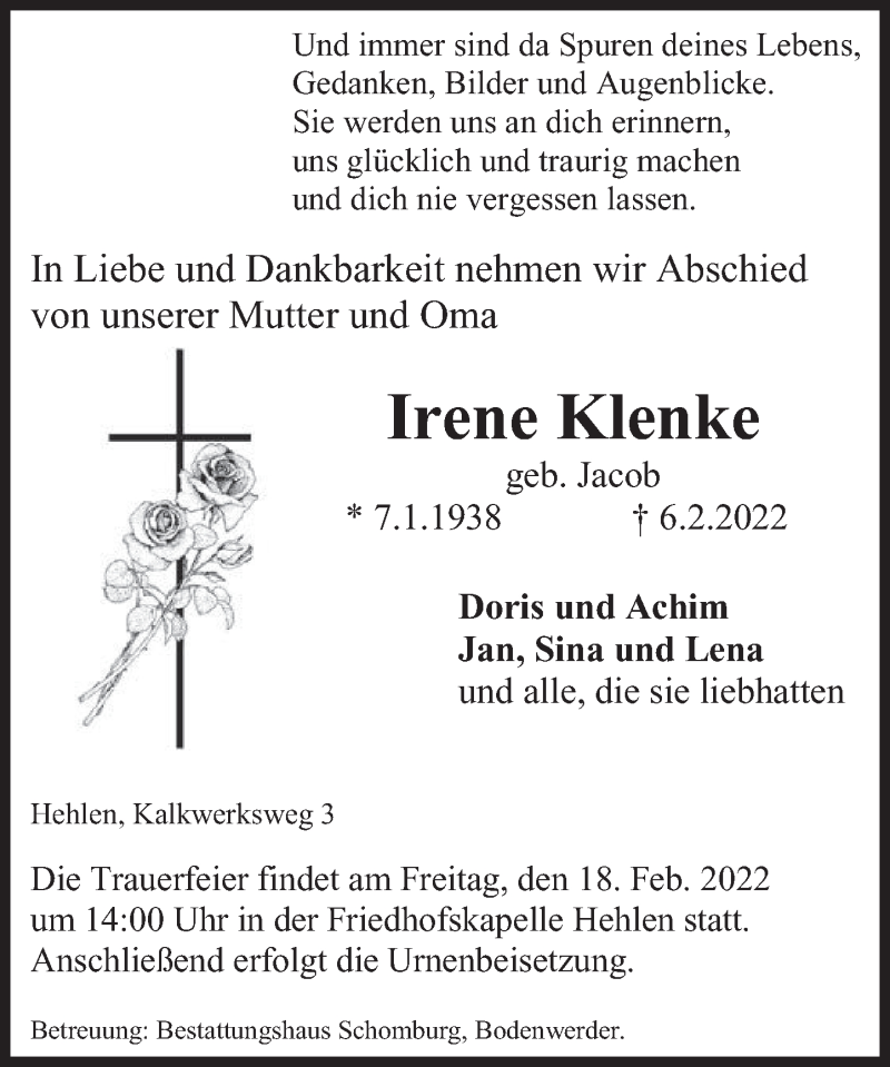  Traueranzeige für Irene Klenke vom 11.02.2022 aus Deister- und Weserzeitung