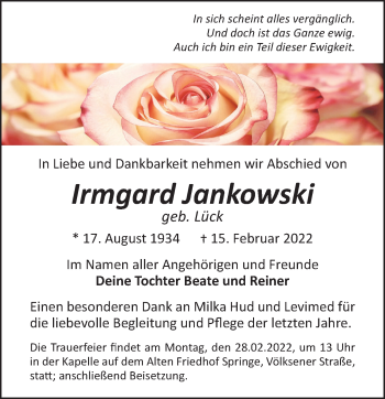 Traueranzeige von Irmgard Jankowski von Neue Deister-Zeitung