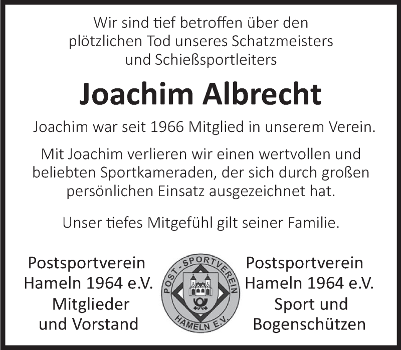  Traueranzeige für Joachim Albrecht vom 23.02.2022 aus Deister- und Weserzeitung