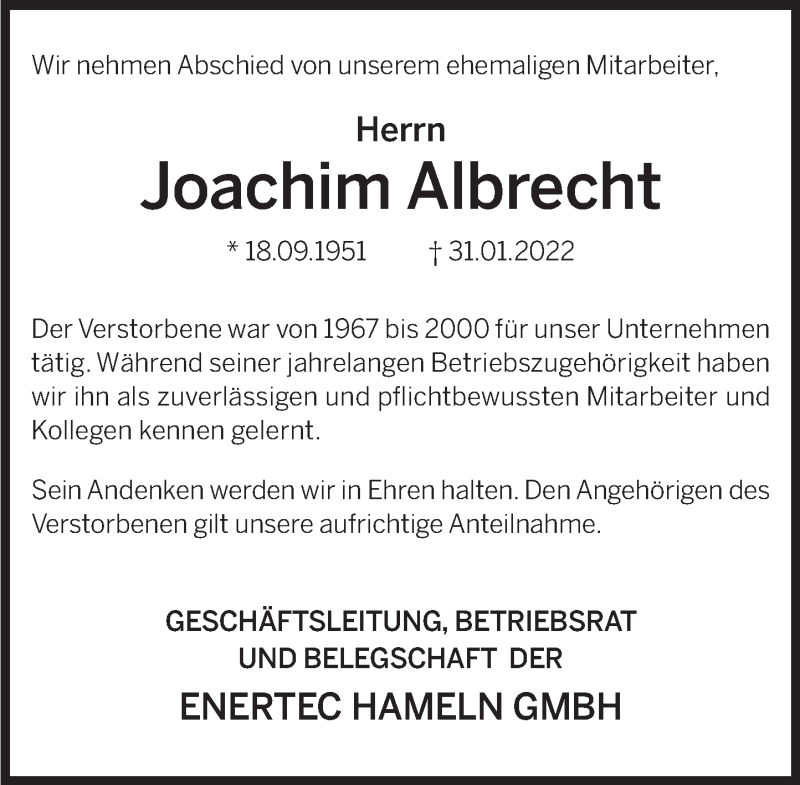  Traueranzeige für Joachim Albrecht vom 12.02.2022 aus Deister- und Weserzeitung