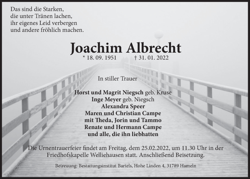  Traueranzeige für Joachim Albrecht vom 19.02.2022 aus Deister- und Weserzeitung