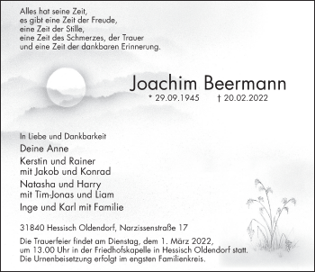 Traueranzeige von Joachim Beermann von Deister- und Weserzeitung