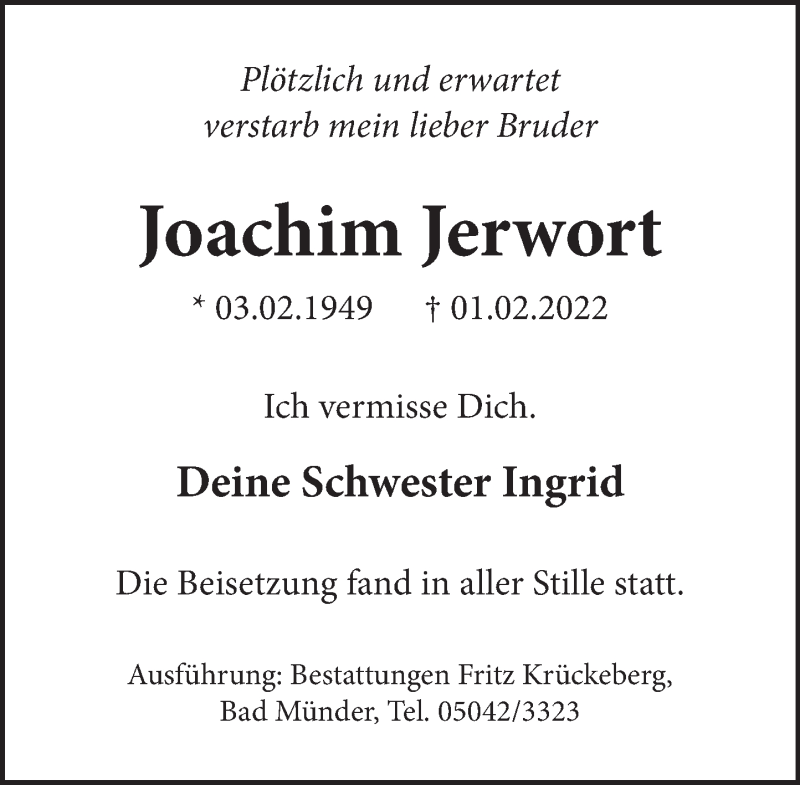  Traueranzeige für Joachim Jerwort vom 12.02.2022 aus Neue Deister-Zeitung