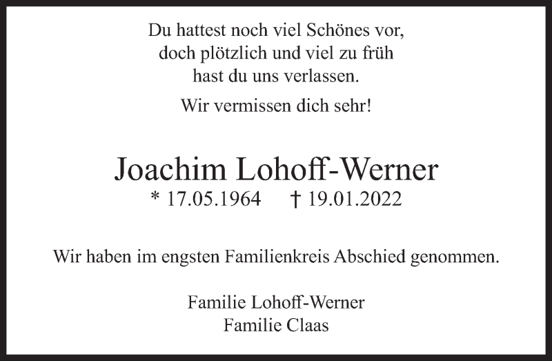  Traueranzeige für Joachim Lohoff-Werner vom 18.02.2022 aus Deister- und Weserzeitung