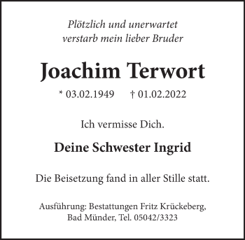 Traueranzeige von Joachim Terwort von Neue Deister-Zeitung