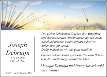 Traueranzeige von Joseph Debruijn von Deister- und Weserzeitung