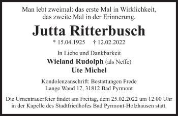 Traueranzeige von Jutta Ritterbusch von Deister- und Weserzeitung