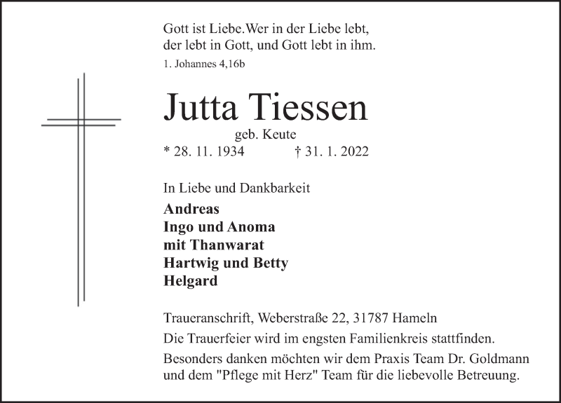  Traueranzeige für Jutta Tiessen vom 05.02.2022 aus Deister- und Weserzeitung