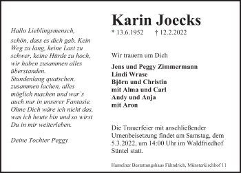 Traueranzeige von Karin Joecks von Deister- und Weserzeitung
