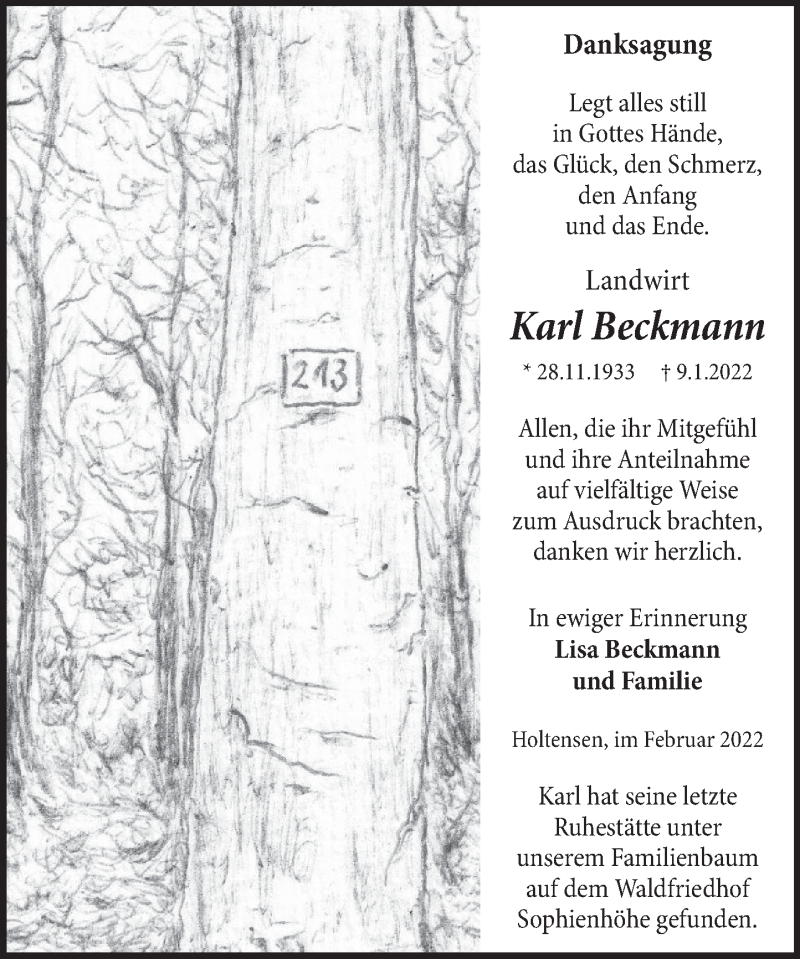  Traueranzeige für Karl Beckmann vom 12.02.2022 aus Neue Deister-Zeitung