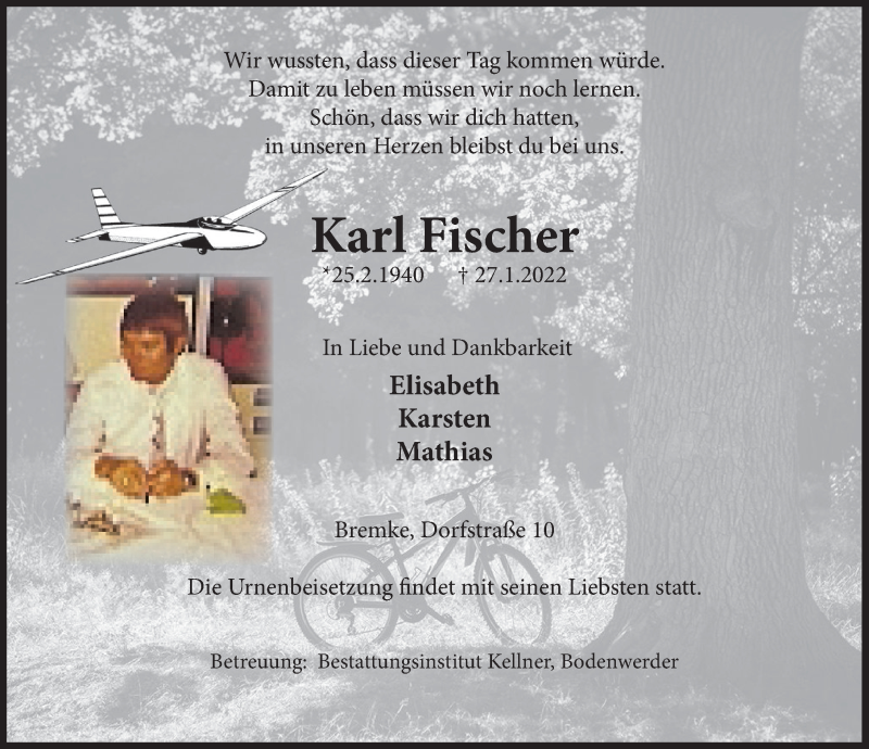  Traueranzeige für Karl Fischer vom 05.02.2022 aus Deister- und Weserzeitung