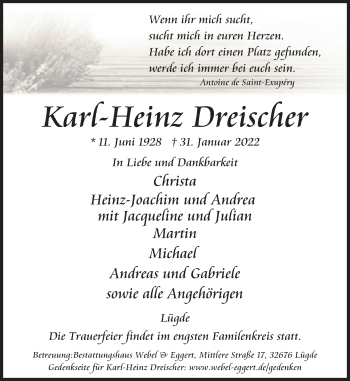 Traueranzeige von Karl-Heinz Dreischer von Deister- und Weserzeitung