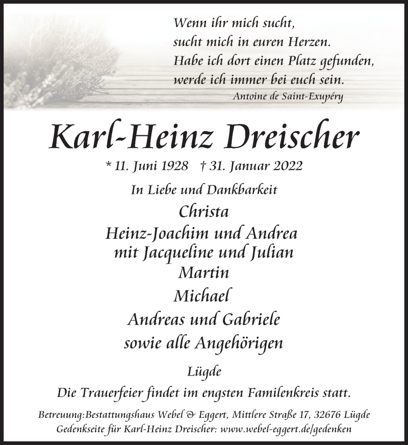  Traueranzeige für Karl-Heinz Dreischer vom 05.02.2022 aus Deister- und Weserzeitung