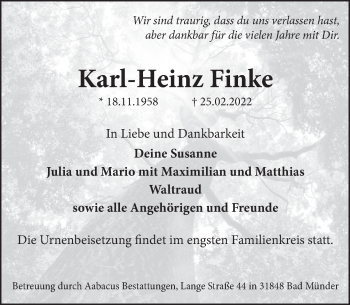 Traueranzeige von Karl-Heinz Finke von Neue Deister-Zeitung
