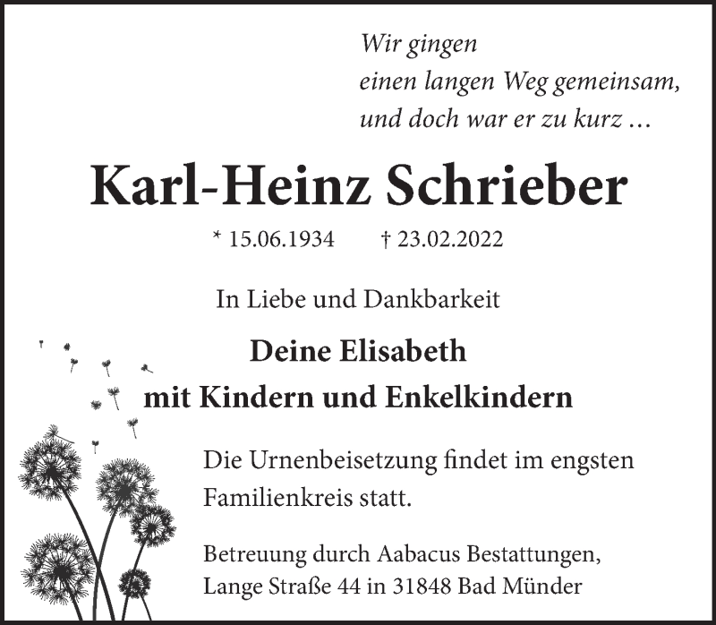  Traueranzeige für Karl-Heinz Schrieber vom 05.03.2022 aus Neue Deister-Zeitung
