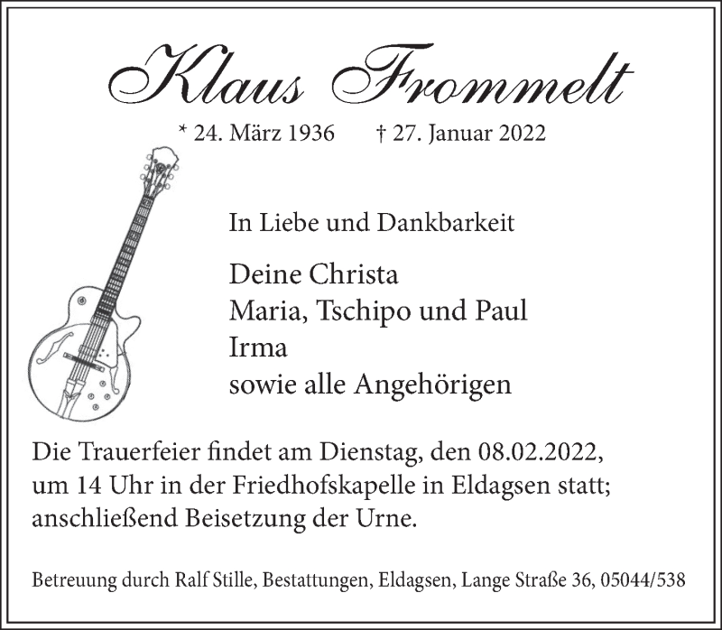  Traueranzeige für Klaus Frommelt vom 05.02.2022 aus Neue Deister-Zeitung