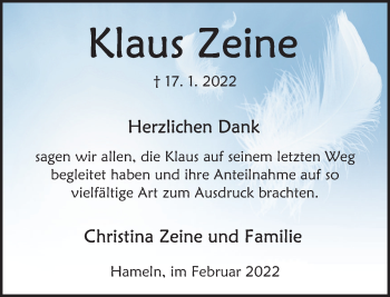 Traueranzeige von Klaus Zeine von Deister- und Weserzeitung