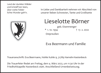 Traueranzeige von Lieselotte Börner von Deister- und Weserzeitung