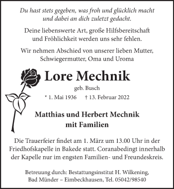 Traueranzeige von Lore Mechnik von Neue Deister-Zeitung