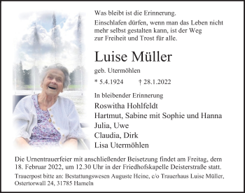 Traueranzeige von Luise Müller von Deister- und Weserzeitung