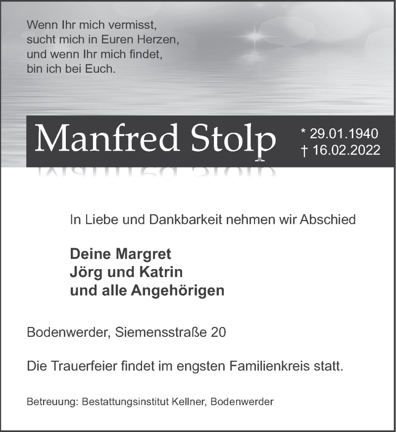  Traueranzeige für Manfred Stolp vom 19.02.2022 aus Deister- und Weserzeitung