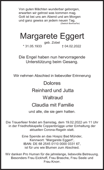 Traueranzeige von Margarete Eggert von Deister- und Weserzeitung