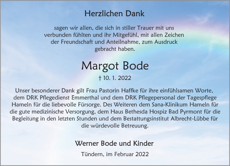  Traueranzeige für Margot Bode vom 12.02.2022 aus Deister- und Weserzeitung