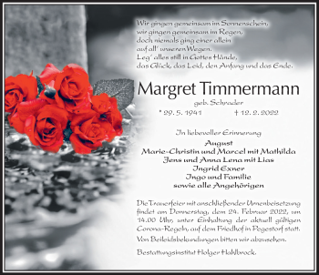 Traueranzeige von Margret Timmermann von Deister- und Weserzeitung