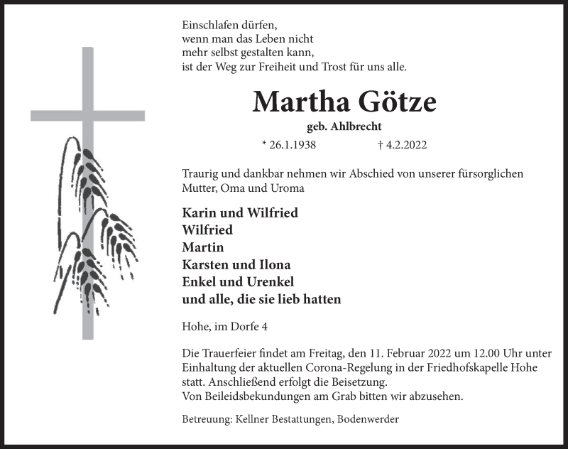  Traueranzeige für Martha Götze vom 09.02.2022 aus Deister- und Weserzeitung