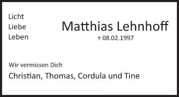 Traueranzeige von Matthias Lehnhoff von Deister- und Weserzeitung