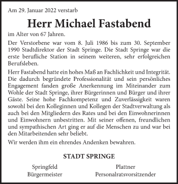 Traueranzeige von Michael Fastabend von Neue Deister-Zeitung