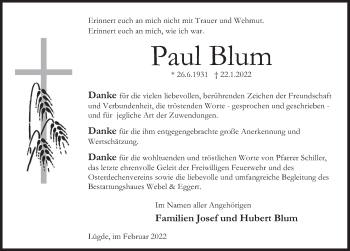 Traueranzeige von Paul Blum von Deister- und Weserzeitung
