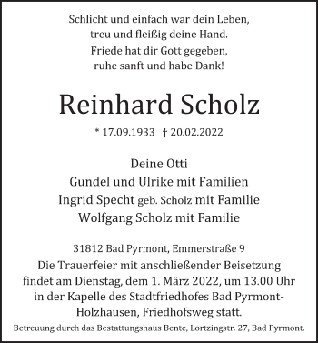 Traueranzeige von Reinhard Scholz von Deister- und Weserzeitung