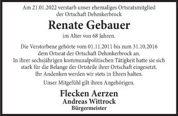 Traueranzeige von Renate Gebauer von Deister- und Weserzeitung