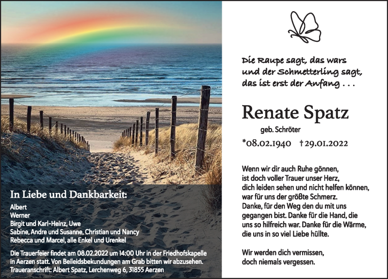  Traueranzeige für Renate Spatz vom 05.02.2022 aus Deister- und Weserzeitung