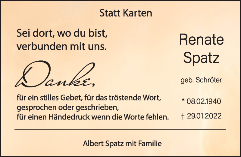  Traueranzeige für Renate Spatz vom 26.02.2022 aus Deister- und Weserzeitung