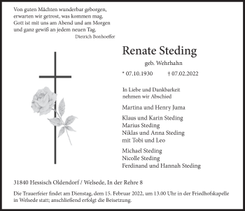 Traueranzeige von Renate Steding von Deister- und Weserzeitung