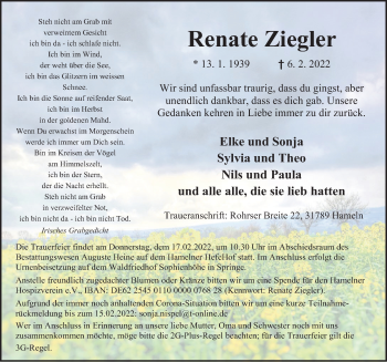 Traueranzeige von Renate Ziegler von Deister- und Weserzeitung