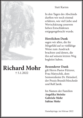 Traueranzeige von Richard Mohr von Neue Deister-Zeitung