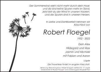 Traueranzeige von Robert Floegel von Deister- und Weserzeitung