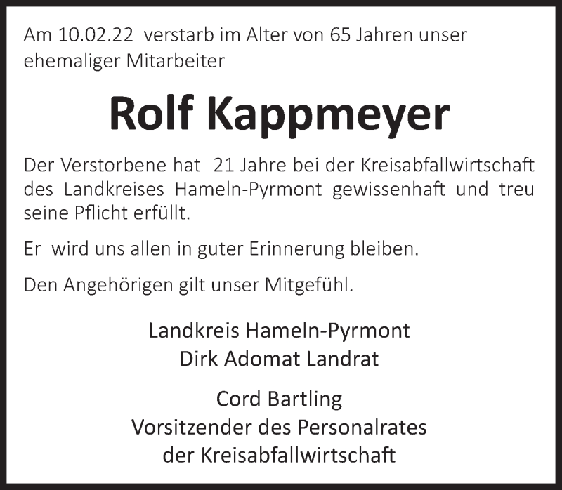  Traueranzeige für Rolf Kappmeyer vom 25.02.2022 aus Deister- und Weserzeitung