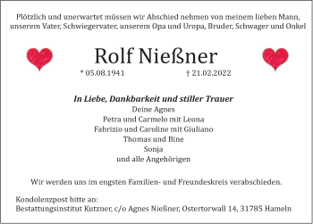 Traueranzeige von Rolf Nießner von Deister- und Weserzeitung