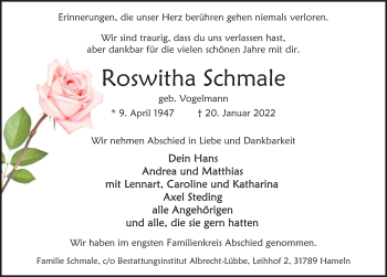 Traueranzeige von Roswitha Schmale von Deister- und Weserzeitung