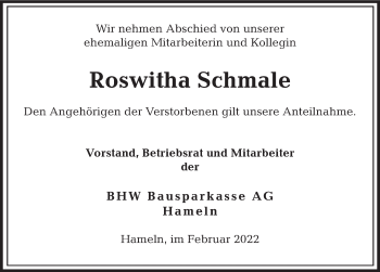 Traueranzeige von Roswitha Schmale von Deister- und Weserzeitung