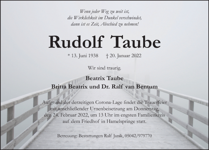  Traueranzeige für Rudolf Taube vom 19.02.2022 aus Neue Deister-Zeitung