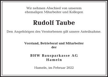 Traueranzeige von Rudolf Taube von Deister- und Weserzeitung
