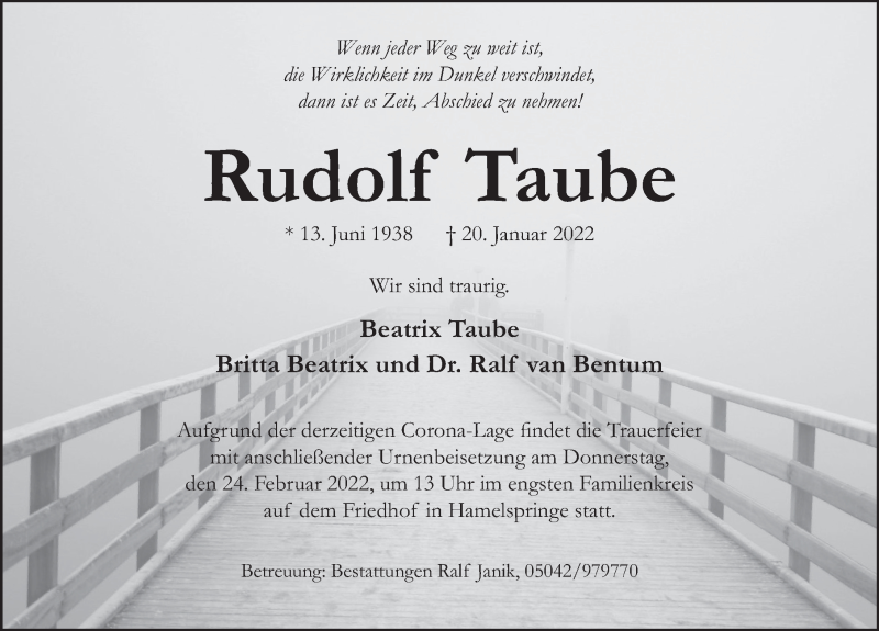  Traueranzeige für Rudolf Taube vom 19.02.2022 aus Deister- und Weserzeitung