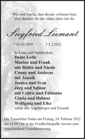 Traueranzeige von Siegfried Liemant von Deister- und Weserzeitung