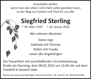 Traueranzeige von Siegfried Sterling von Neue Deister-Zeitung